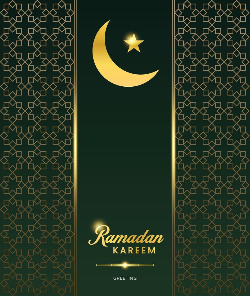 ramadan kareem gratulationskort och banderoll. ramadan islamisk semester inbjudningsmall med guld halvmåne prydnad och mönster vektor