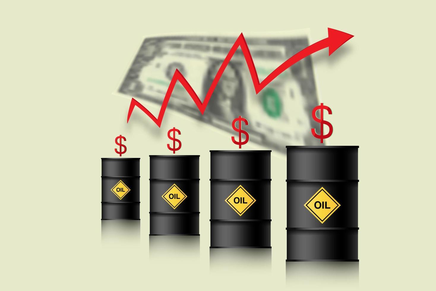 oljepriset stiger. fat olja, dollar och infografik med en röd uppåtpil. stigande råoljepriser koncept, vektor illustration isolerad på vit bakgrund