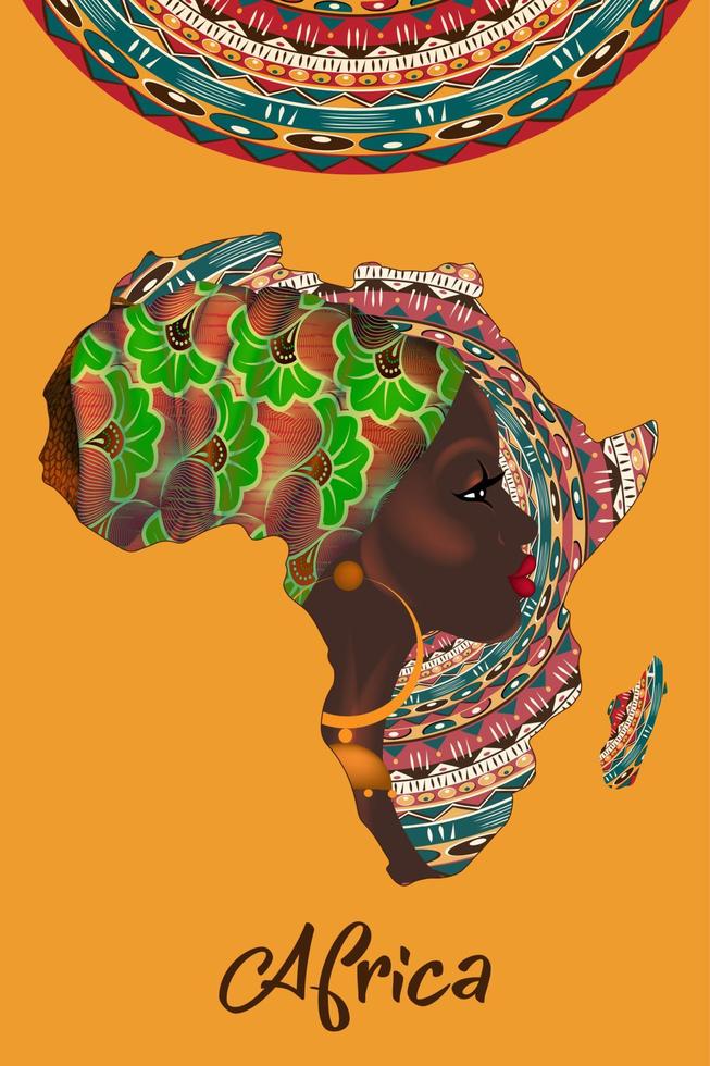 begreppet afrikansk kvinna, ansiktsprofil siluett med turban i form av en karta över Afrika. färgglada afro print tribal logotyp formgivningsmall. vektor illustration isolerad på orange bakgrund