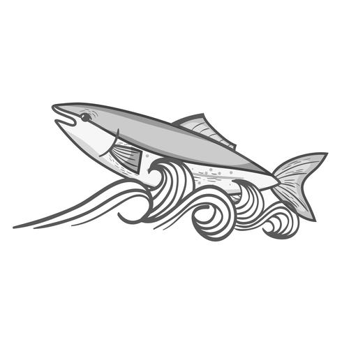 gråskala fiskdjur i havet med vågdesign vektor