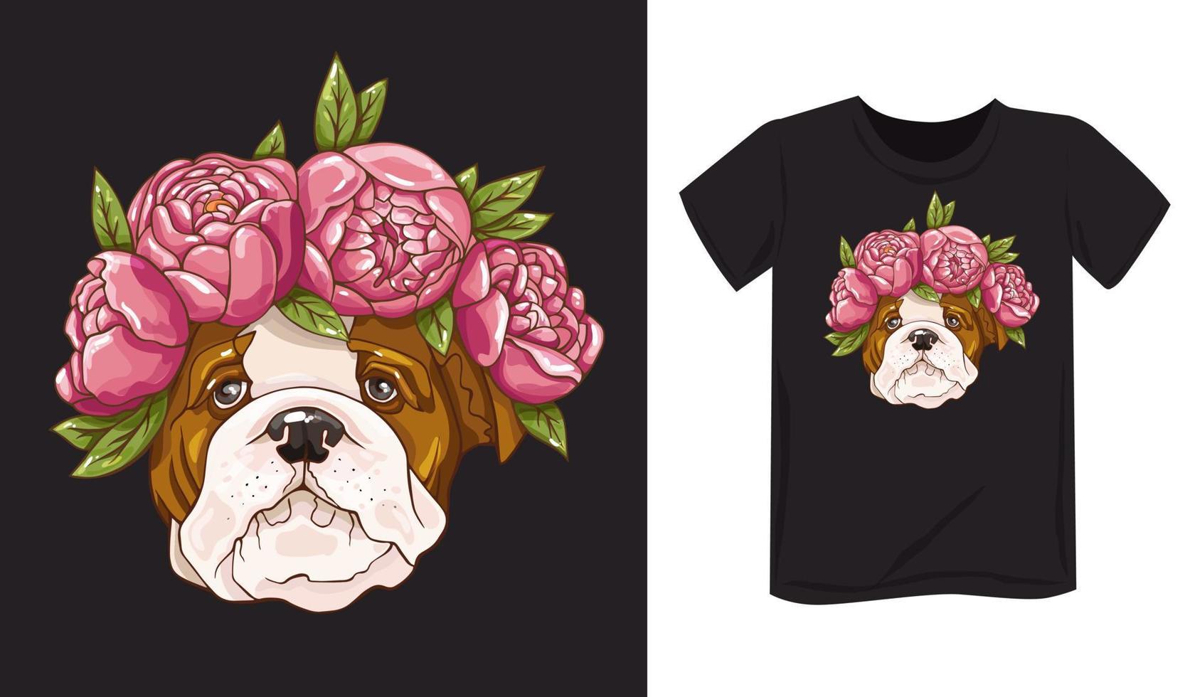 Hund mit Blumen. Bulldogge im Pfingstrosendruck auf Kleidung, Poster, Hintergrund. handgezeichnete Vektorillustration. vektor