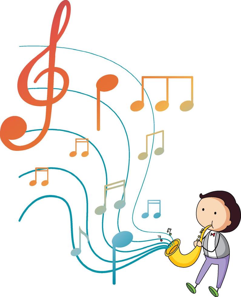 ein kleiner Junge bläst Saxophon mit Musiknoten auf weißem Hintergrund vektor