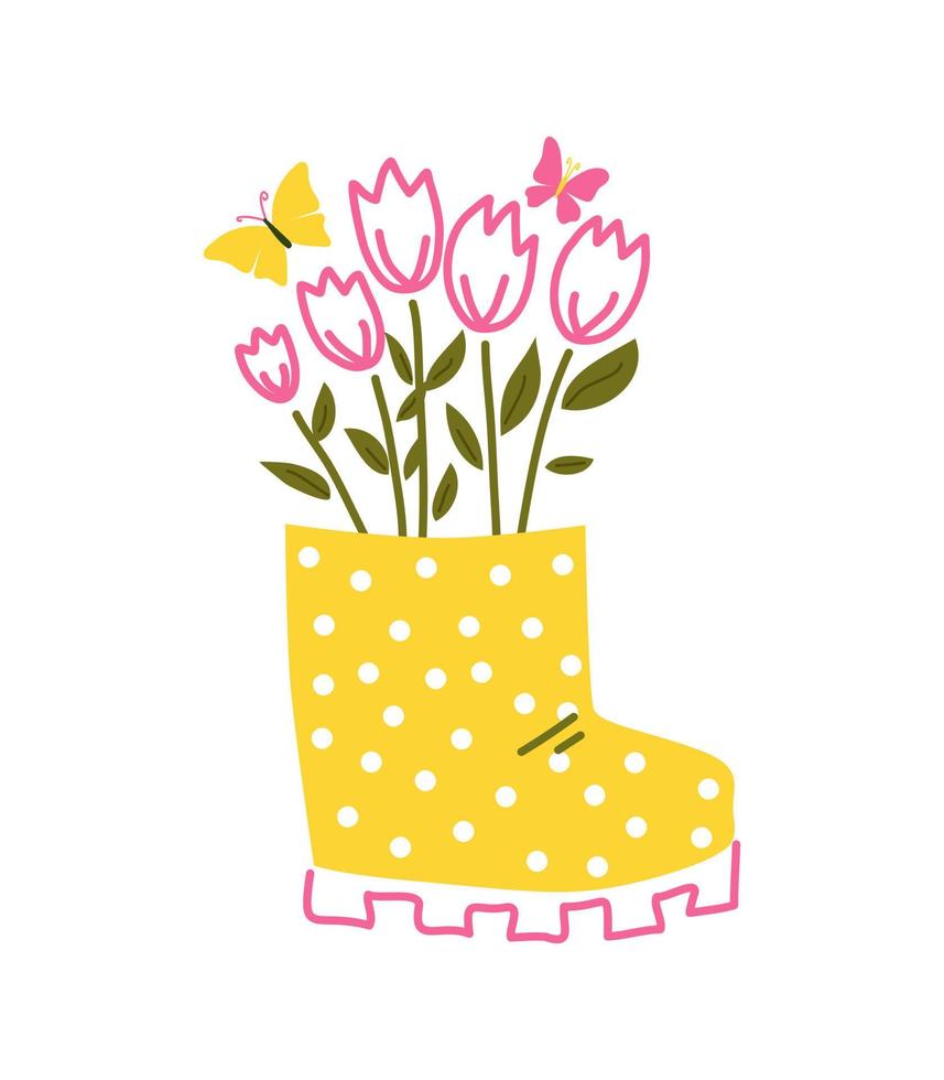 gummistövel med blommor. vårens gratulationskort. vektor hand illustration.