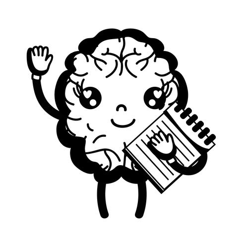 kontur kawaii lycklig hjärna med notebook-verktyg vektor