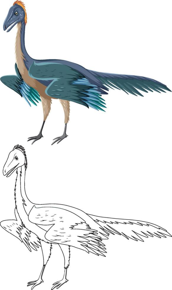 Archaeopteryx-Dinosaurier mit seinem Doodle-Umriss auf weißem Hintergrund vektor