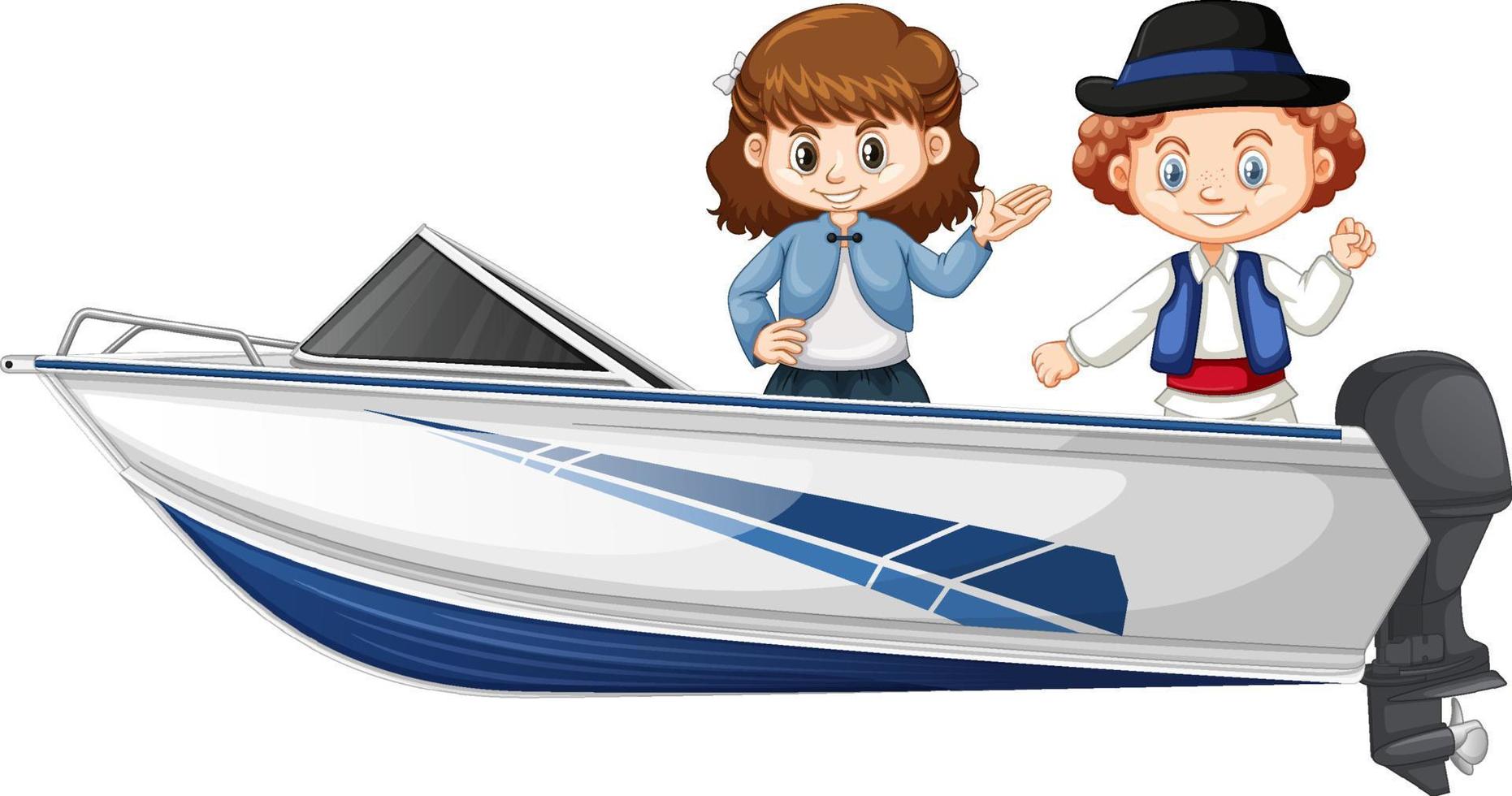 Junge und Mädchen stehen auf einem Schnellboot auf weißem Hintergrund vektor
