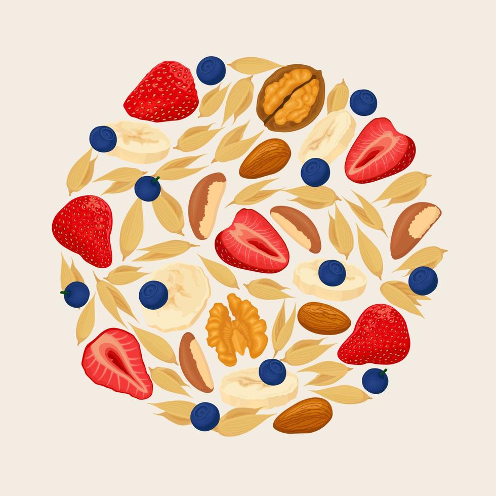 Erdbeer-Heidelbeer-Walnuss-Mandel-Getreide isoliert auf hellem Hintergrund. Haufen Beeren, Bananen und Nüsse. Vektor-Illustration vektor