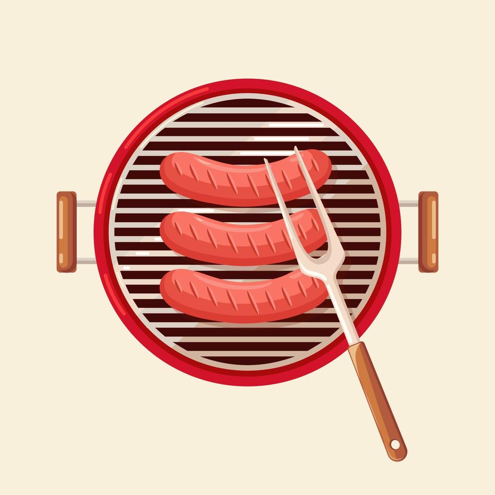 bärbar rund grill med grill varm korv isolerad på bakgrunden. bbq-enhet för picknick, familjefest. bratwurst. grill ikon. cookout händelse koncept. vektor illustration. platt stil design