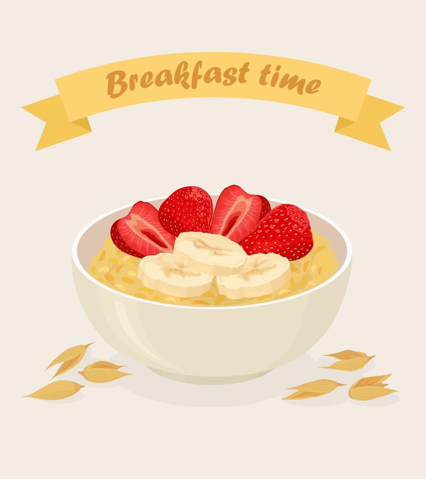 gröt havre i skål med bananer, bär, jordgubbar, nötter och spannmål isolerad på vit bakgrund. nyttig frukost vektor