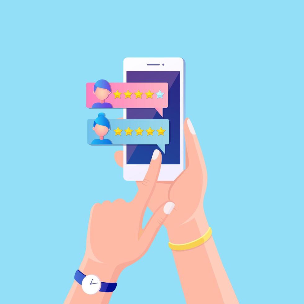 Benachrichtigung über neue Chat-Nachrichten auf dem Mobiltelefon. SMS-Blasen auf dem Handy-Bildschirm. Bewertung in Sternen. Kundenfeedback, Kundenrezension. Umfrage für Marketing-Service. Leute chatten. Vektor flaches Design