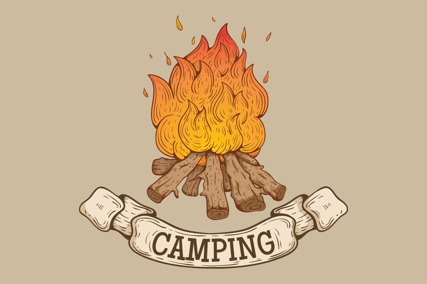 campingillustration mit handgezeichnetem lagerfeuer vektor