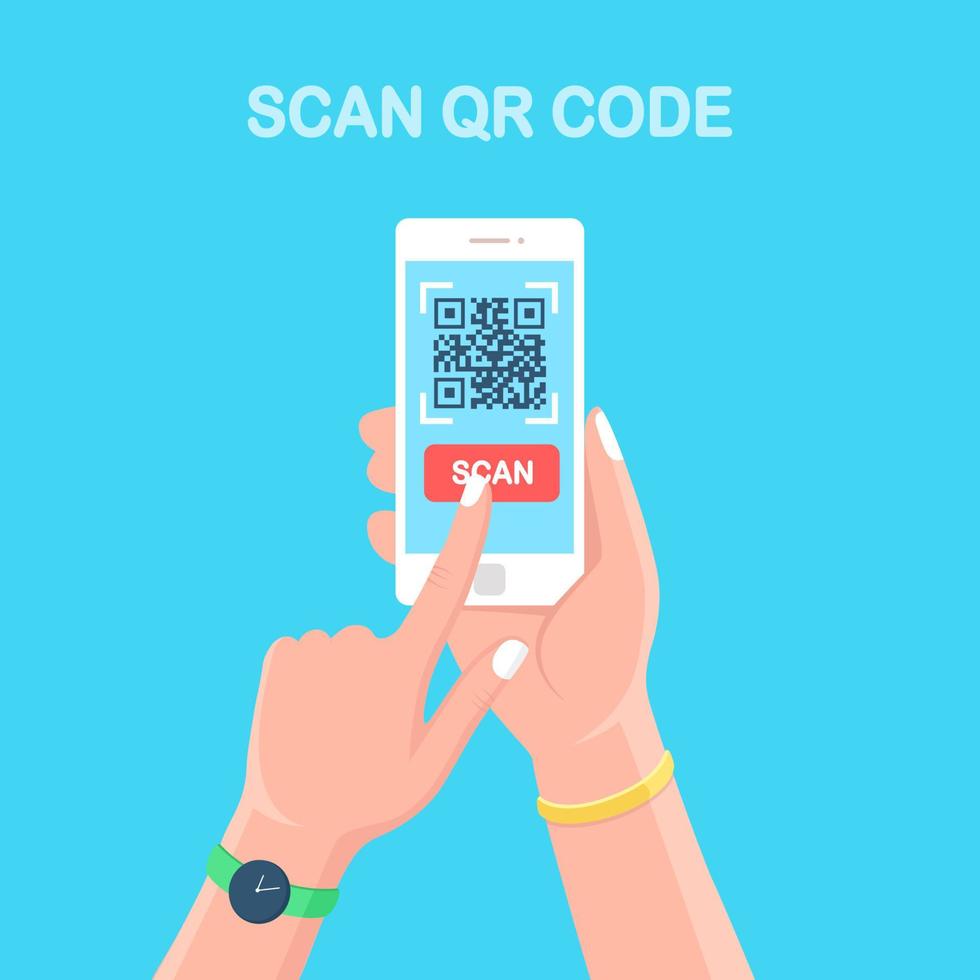 Scannen Sie den QR-Code auf das Telefon. mobiles Barcode-Lesegerät, Scanner in der Hand. elektronische digitale zahlung mit smartphone. Vektor flaches Design