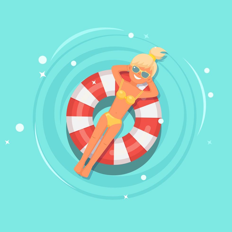 leende flicka simmar, garvning på luftmadrass, livboj i poolen. kvinna flyter på stranden leksak, gummiring. uppblåsbar cirkel på vatten. sommarlov, semester, restid. vektor platt design