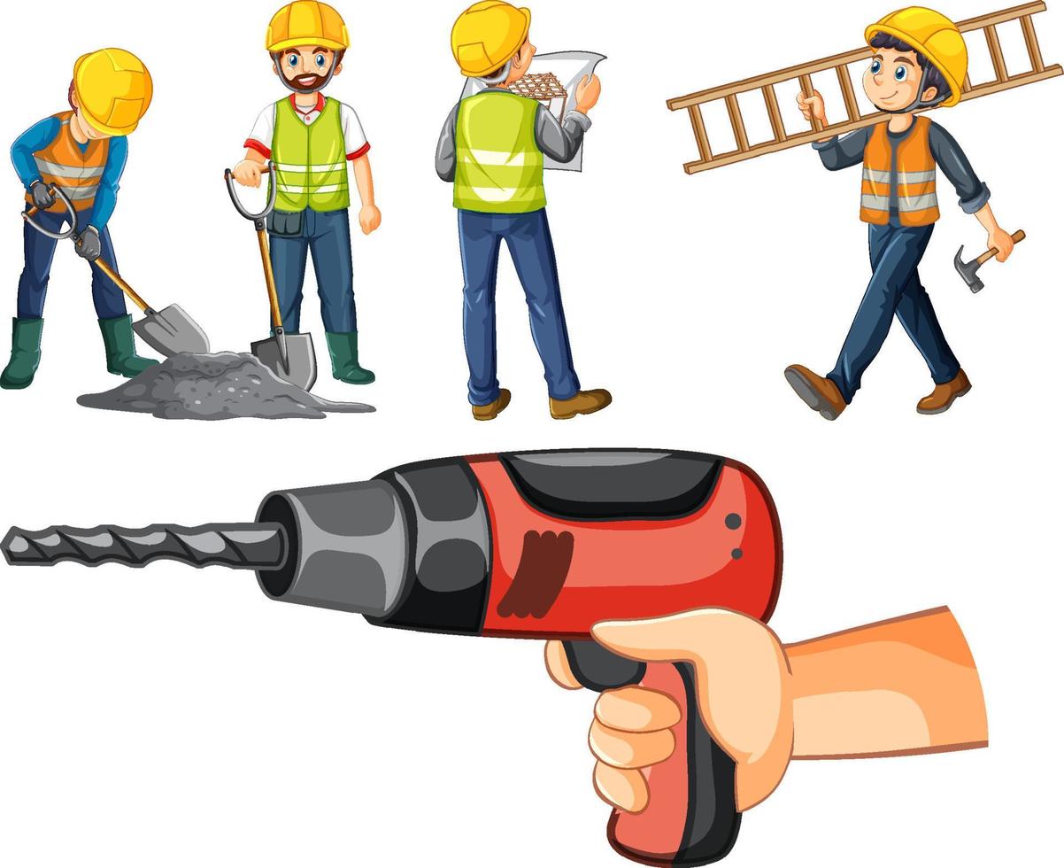 byggnadsarbetare set med män och verktyg vektor