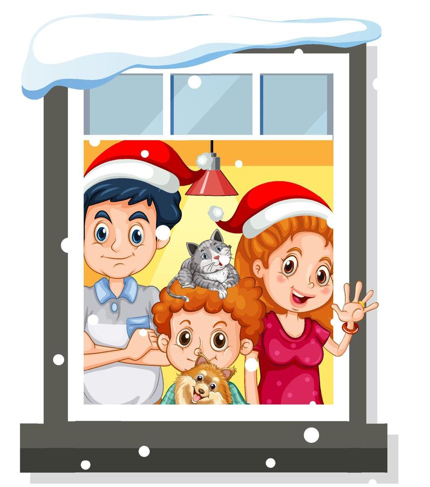 blick durch das fenster der familie im weihnachtsthema vektor