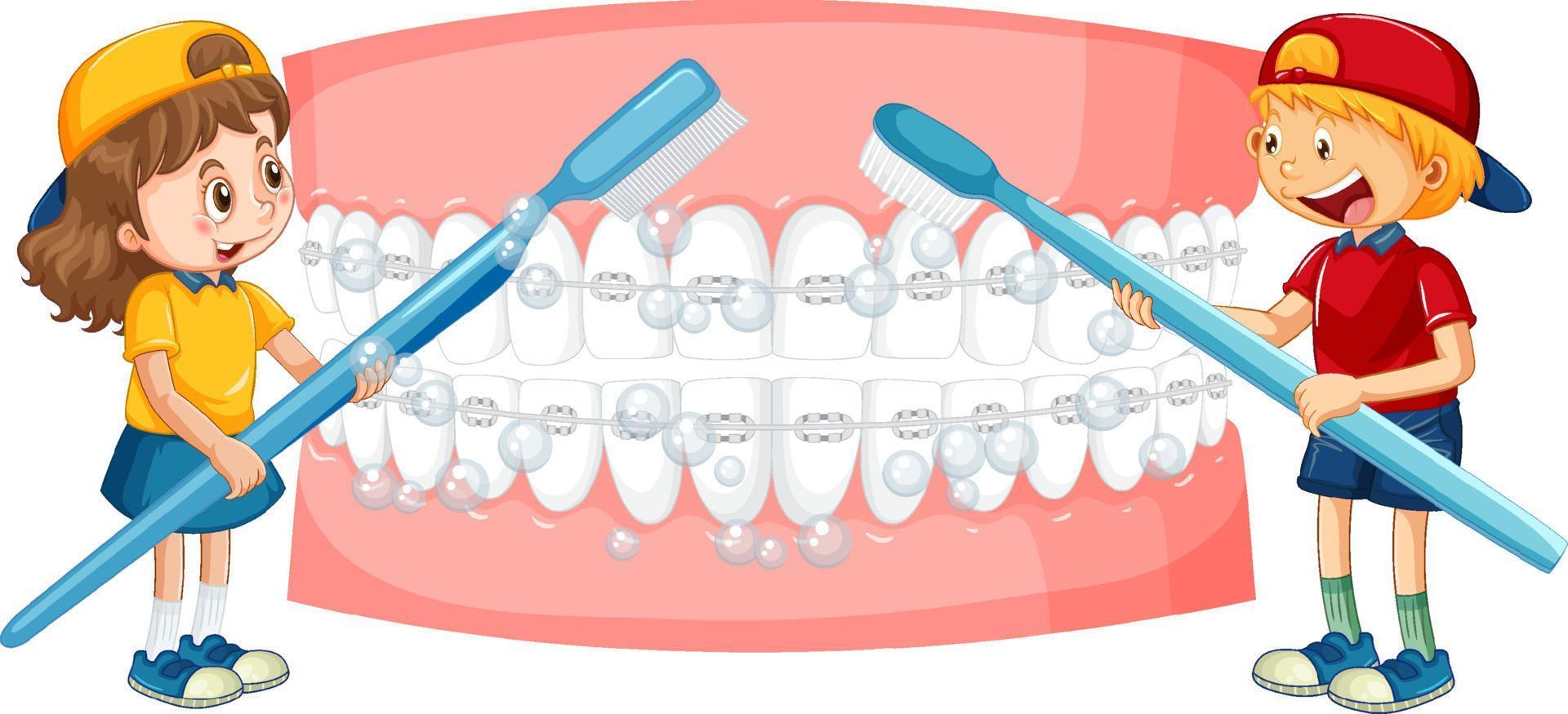 glückliche Kinder putzen weiße Zähne mit einer Zahnbürste auf weißem Hintergrund vektor