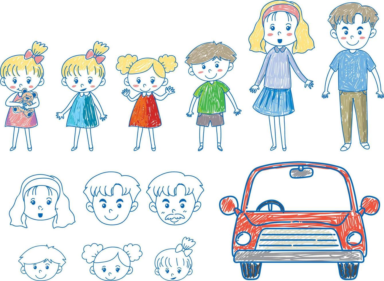 ein Papier mit einem Doodle-Design von Familie und Auto mit Farbe vektor