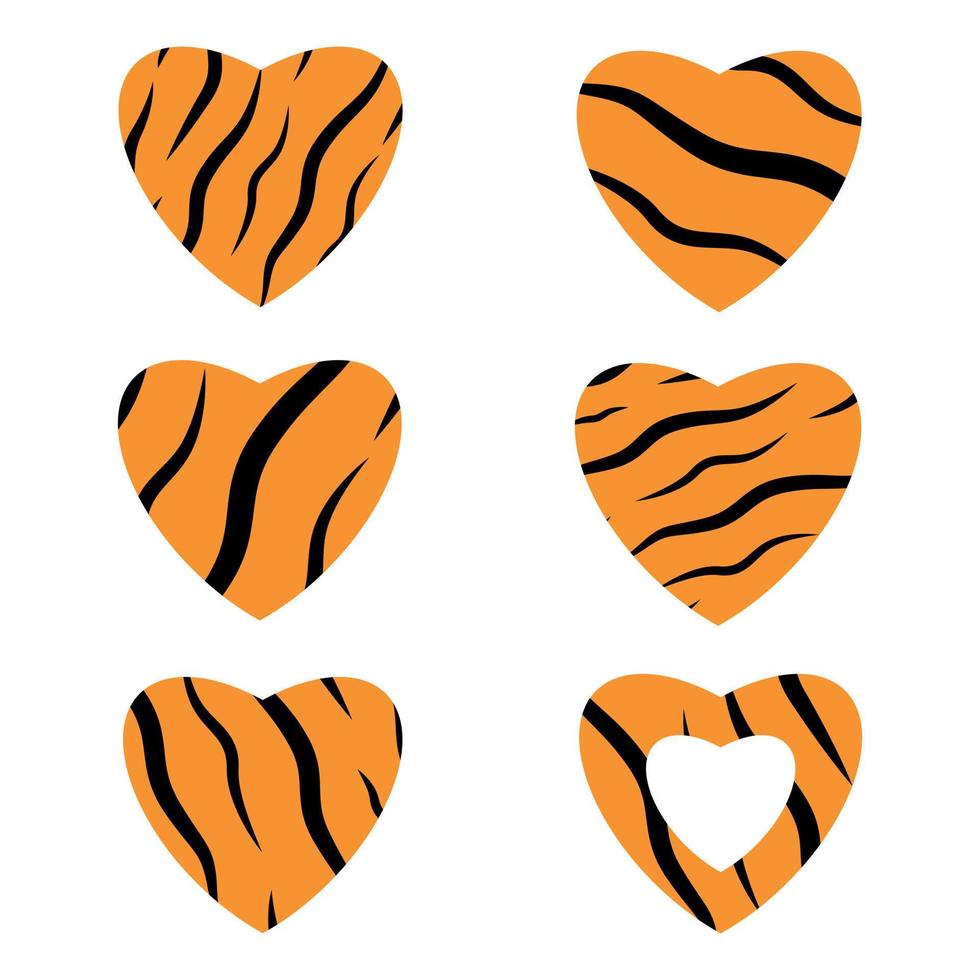 Reihe von abstrakten verschiedenen Herzen mit Tigermuster. Tierhaut. Liebessymbol. Aufkleber, Druck für T-Shirt-Design. Vektor-Illustration. vektor