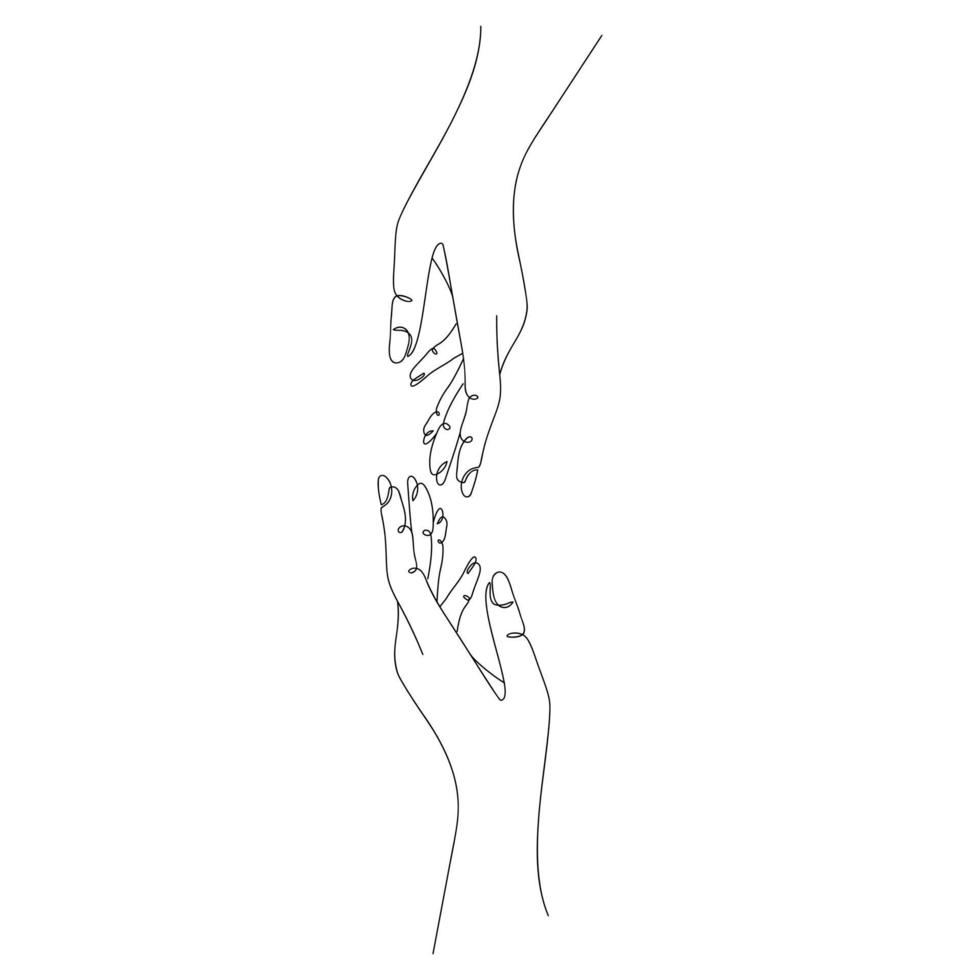 två abstrakta kvinnliga händer dras av en linje isolerad på vit bakgrund. skiss. kontinuerlig linjeteckning älskare, romantisk konst, samhörighet. enkel vrctor illustration. vektor