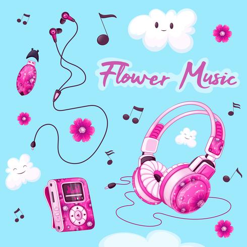 Uppsättning av musikaliska tillbehör med ett rosa blommönster. MP3-spelare, hörlurar, vakuumhörlurar, USB-flashenhet för musik, roliga moln, noter. vektor