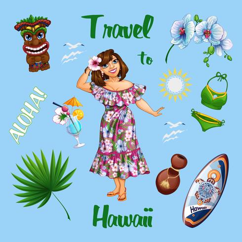 Sommer-Hawaiianer stellte mit einem schönen Mädchentouristen und -andenken ein. Orchidee, Hula-Trommel, Strandcocktail, Surfbrett. Aufkleber Vektor Cartoons.