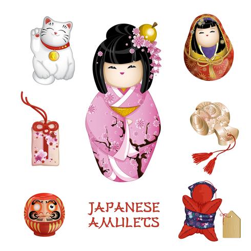 En uppsättning japanska amuletter. Japanska traditioner, turist souvenirer. vektorillustration. vektor