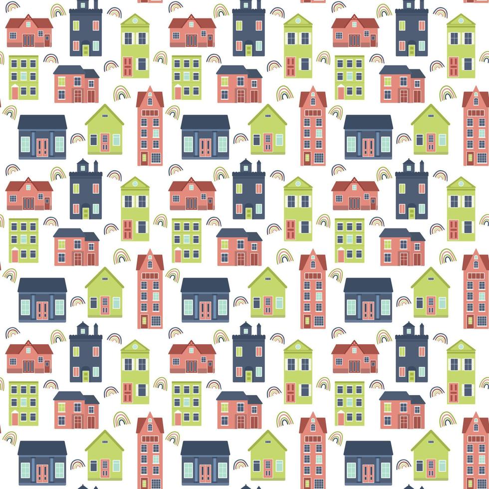 Vektor Musterdesign mit Häusern und Regenbogen