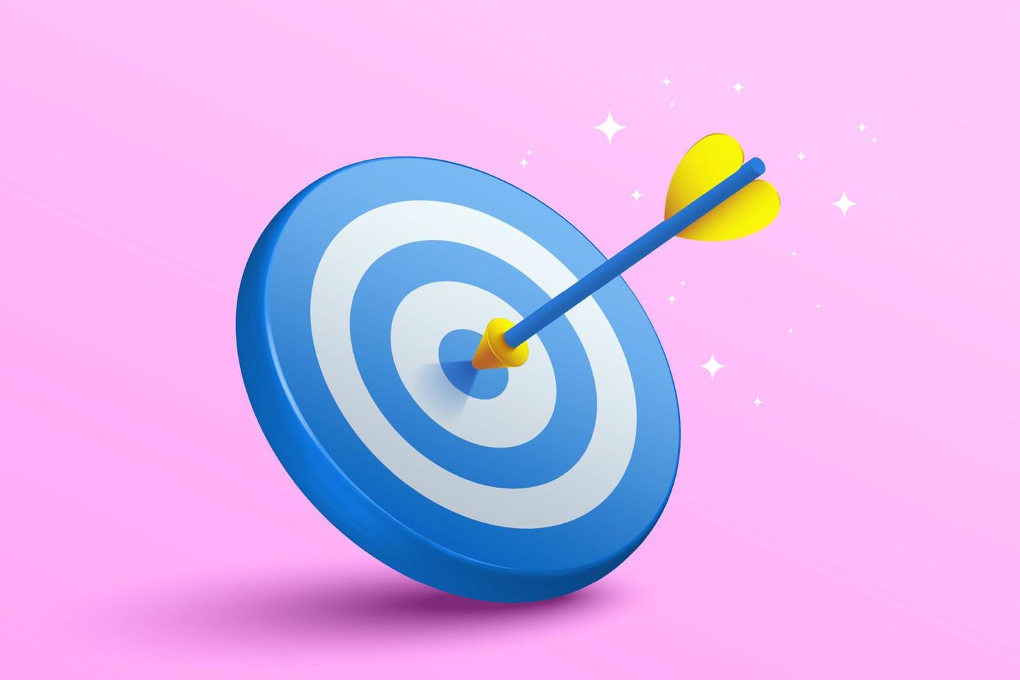 3D blå dart träff till mitten av darttavlan. pil på bullseye i målet. affärsframgång, investeringsmål, möjlighetsutmaning, målstrategi, prestationsfokuskoncept. 3D vektorillustration vektor