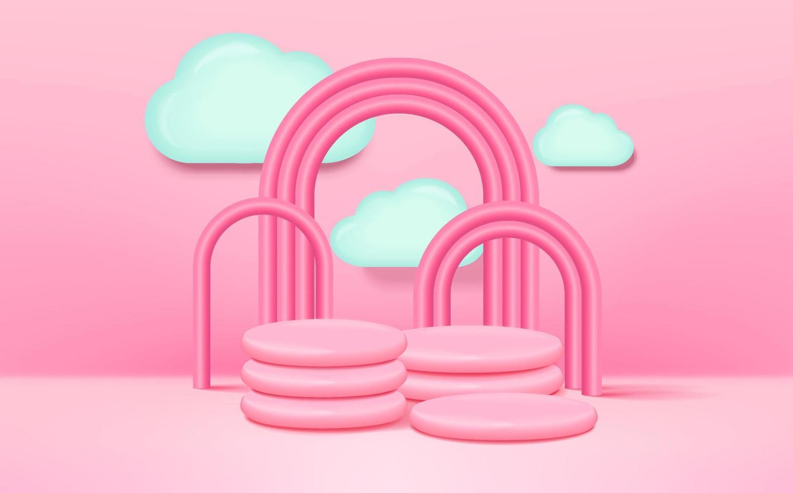 3D-Rendering-Podium im Kinderstil mit rosafarbenem Hintergrund, Wolken und leerem Raum für Kinder oder Babyprodukte vektor