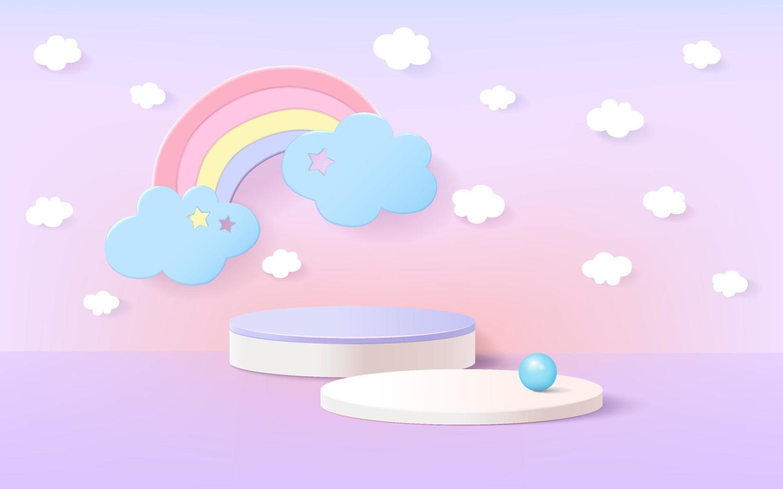 der himmel mit regenbogen und wolke, papierkunststil, minimaler hintergrund mit podium für die produktpräsentation. 3D-Rendering. vektor