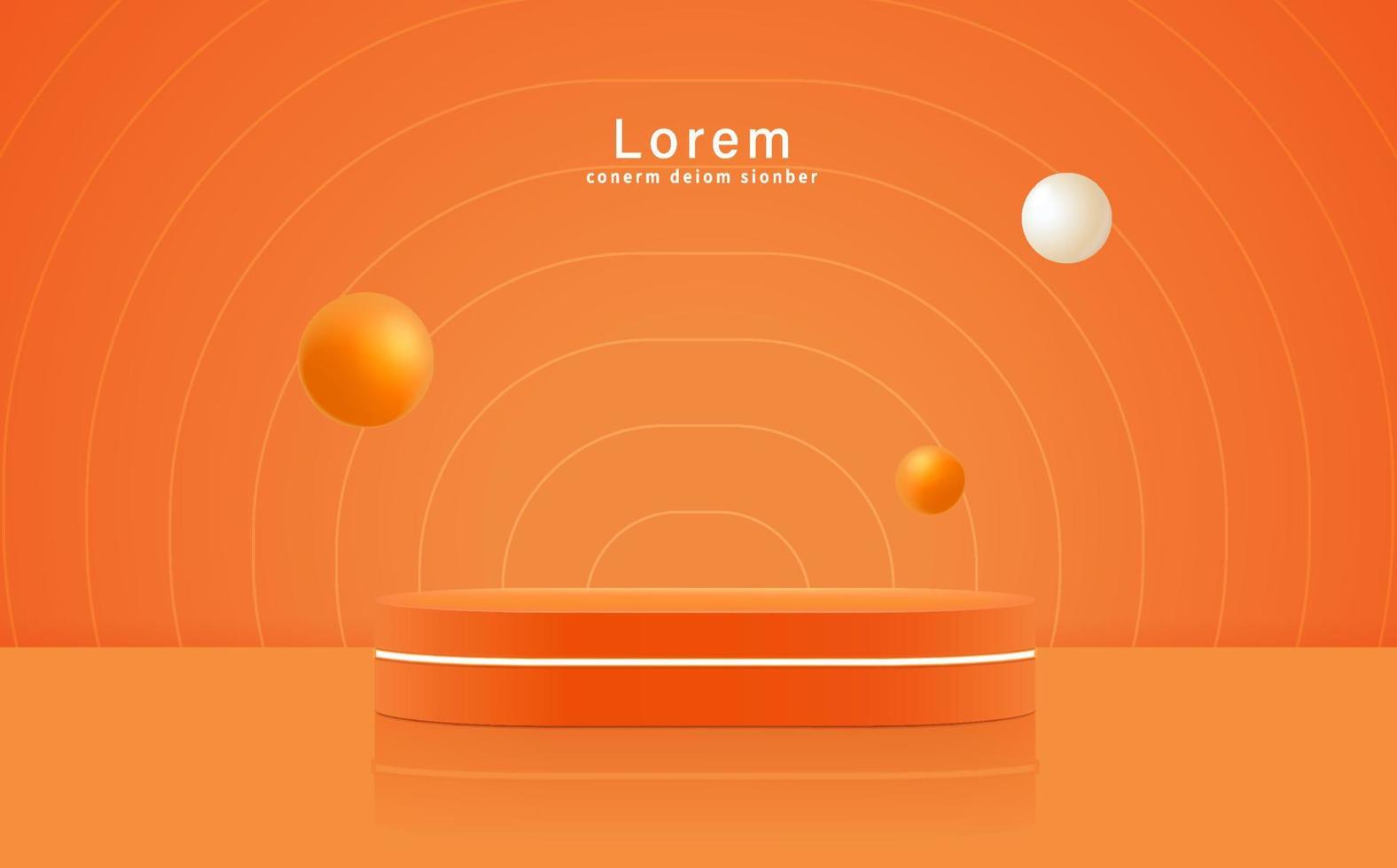minimal abstrakt scen med podium, luft flygande geometriska bubbla former på orange bakgrund. vektor