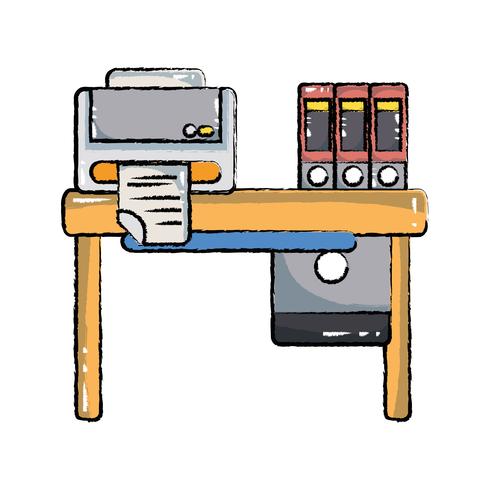 Gekritzel Büro Holz Schreibtisch mit Drucker und Bücher vektor