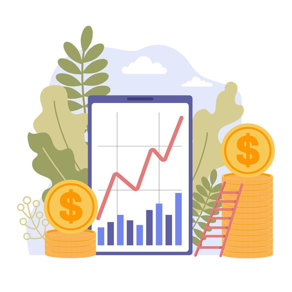 surfplatta, smartphone skärm med diagram avkastning på investeringen, tillväxt och fall av aktier. framgångsrik investeringsstrategi, affärsidé. kapitalökning, intäktsökning vektor