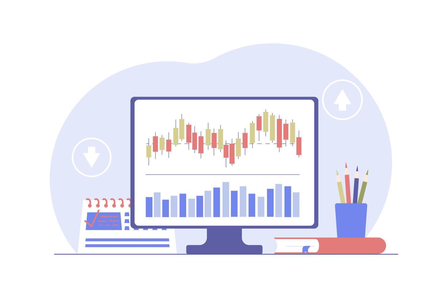 desktop von investor, händler. Monitor mit Diagrammen von Wachstum und Rückgang der Aktien. erfolgreiches Anlagestrategiekonzept. Börsenglas, Zielerreichung, Planung vektor