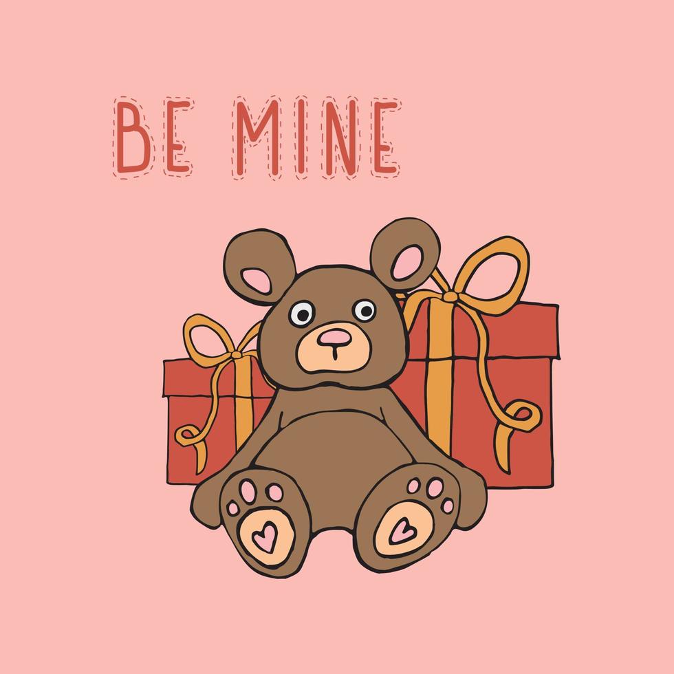 Postkarte. Valentinstag. Sei mein. Teddybär. Berg der Geschenke. Vektor-Illustration. vektor