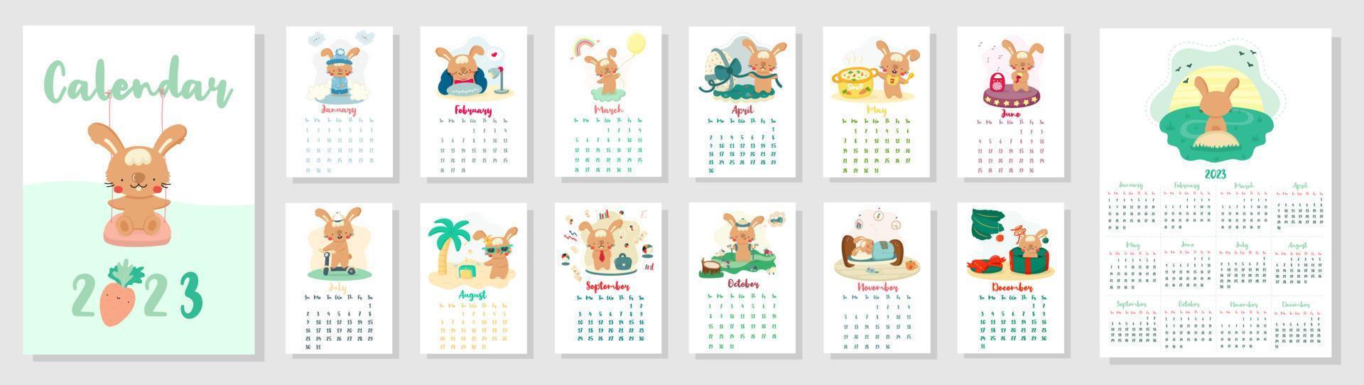 vertikal vektorkalender 2023 med söta tecknade kaniner. kaninens år enligt den kinesiska kalendern. omslag och 12 månaders sidor. veckan börjar på söndag. för storlek a4,a5,a3 vektor