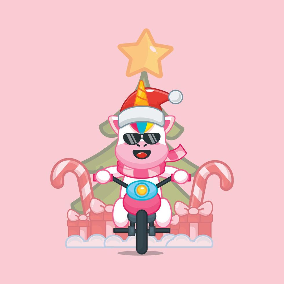 süßes einhorn, das weihnachtsgeschenk mit motorrad trägt vektor