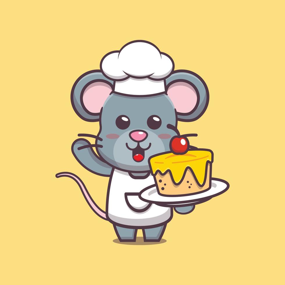 söt mus kock maskot seriefigur med tårta vektor