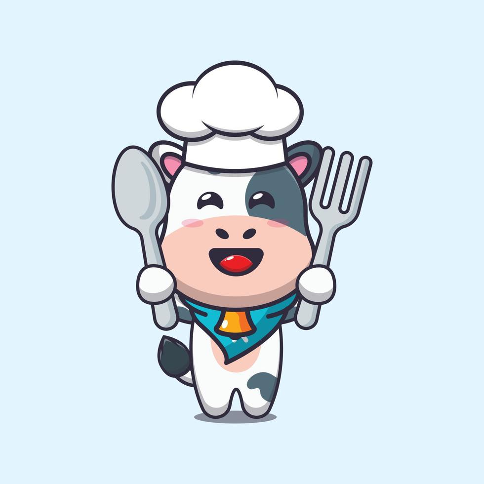 söt ko kock maskot seriefigur håller sked och gaffel vektor