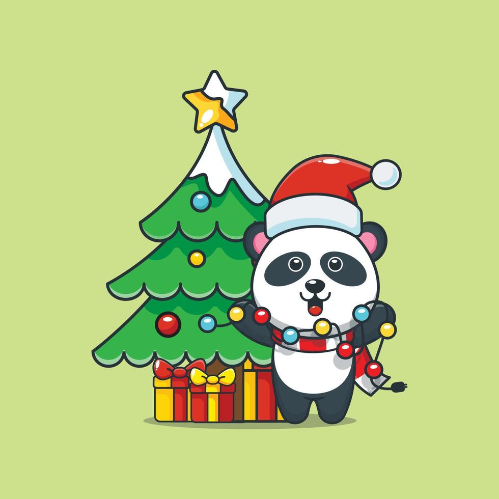 niedliche panda-zeichentrickfigur mit weihnachtslampe vektor