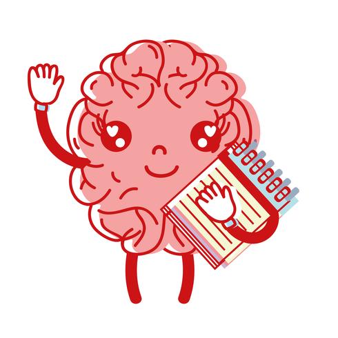kawaii lycklig hjärna med notebook-verktyg vektor