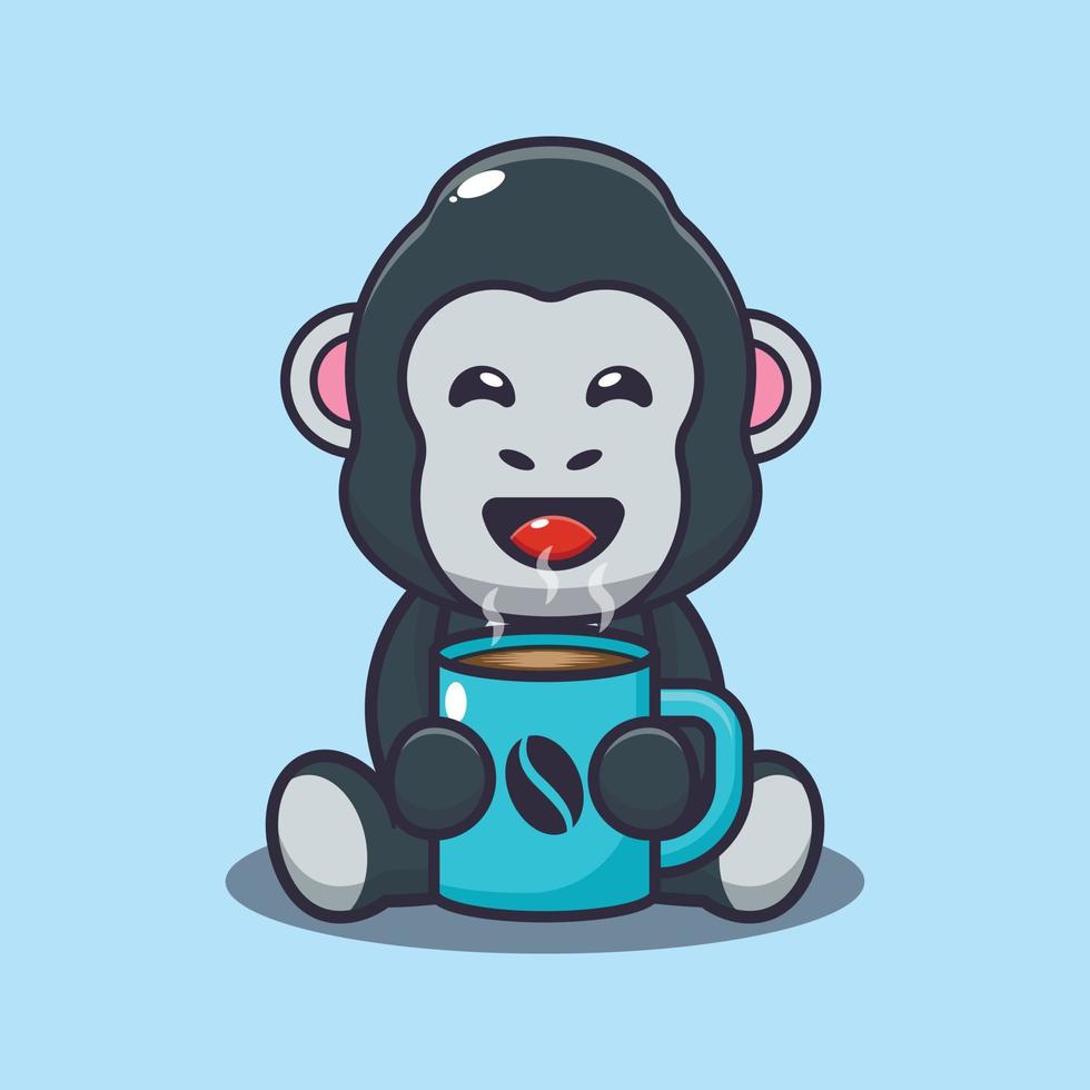 süßer gorilla mit heißer kaffeekarikatur-vektorillustration vektor