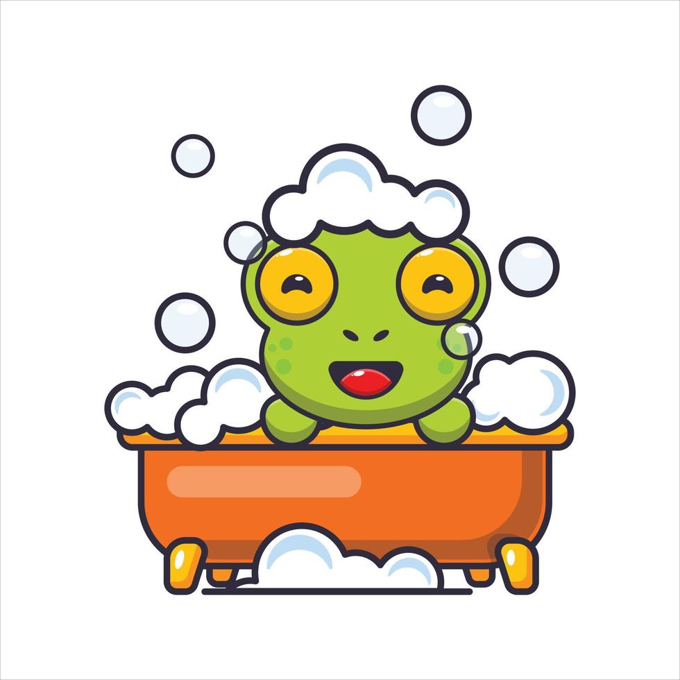 niedlicher frosch, der schaumbad in der badewanne nimmt karikaturvektorillustration vektor