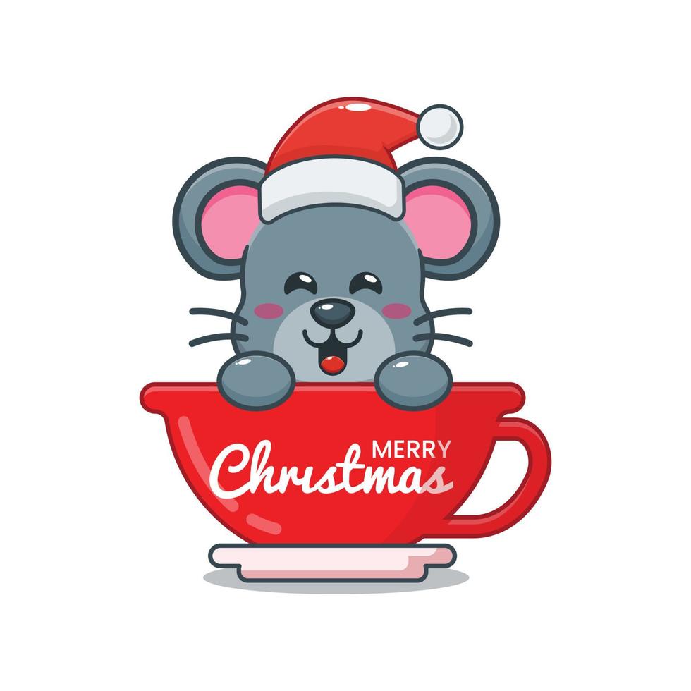 niedliche maus-cartoon-figur mit weihnachtsmütze in der tasse vektor