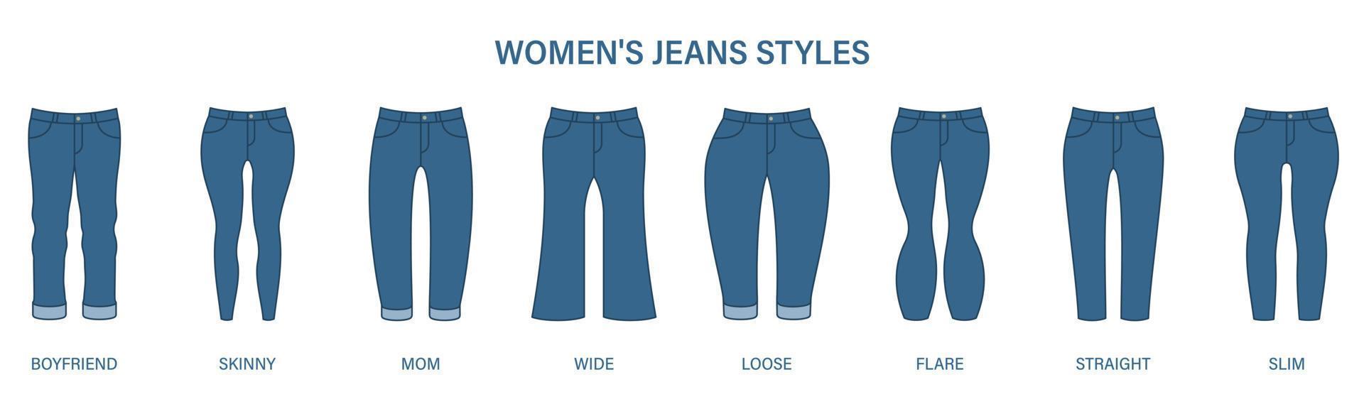 typ av kvinna jeansbyxor. blå byxor för kvinnor. smal, pojkvän, lös, smal, rak, mamma, flare, siluettpiktogram för vida jeans. mode byxor. isolerade vektor illustration.