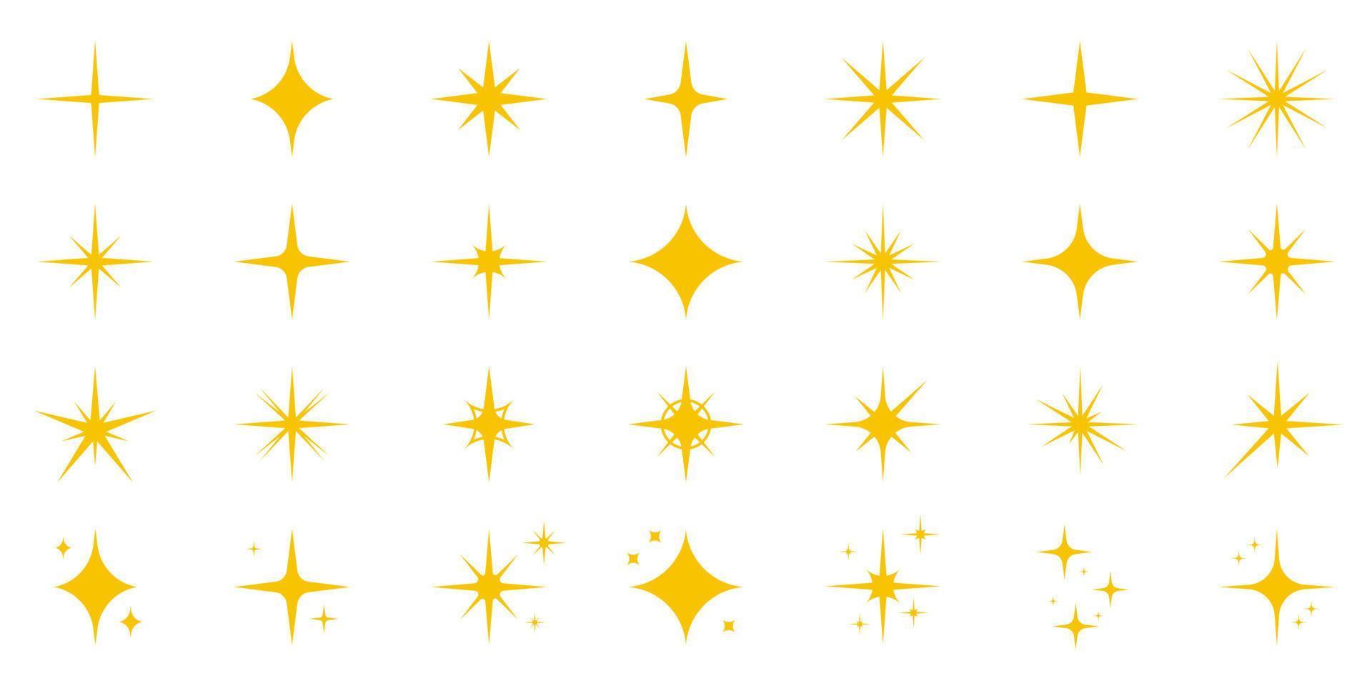 uppsättning gyllene gnistra stjärnor. glänsande glimt blixt ikoner. glitter effekt symbol. guld gnistra glöd fyrverkeri. magisk lysa ljus ikon. isolerade vektor illustration.