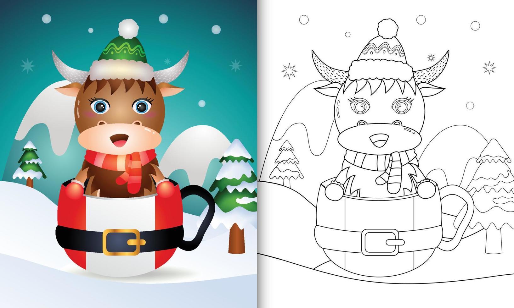 målarbok med en söt buffel julfigurer med en hatt och halsduk i tomtekoppen vektor
