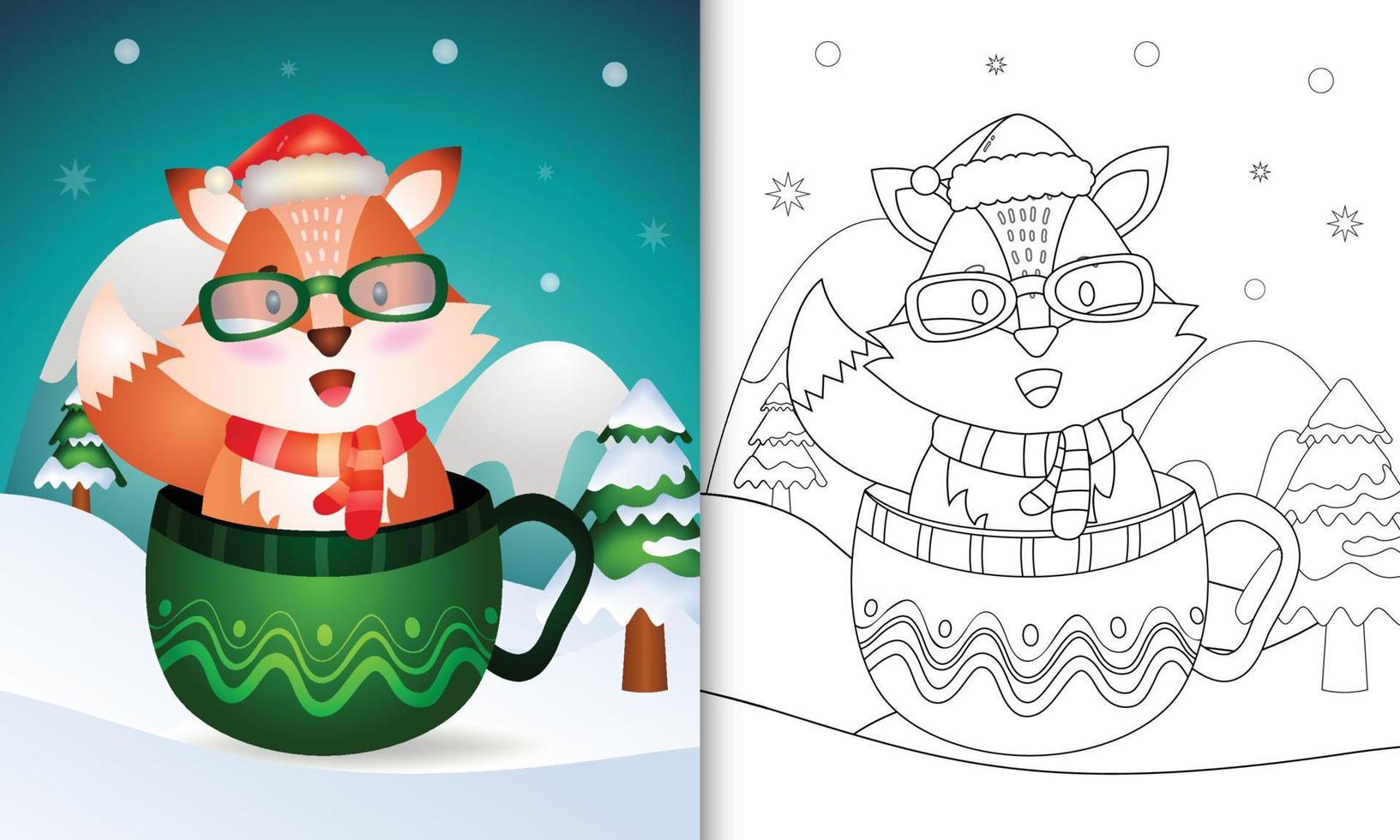 malbuch mit einem süßen fuchs weihnachtsfiguren mit weihnachtsmütze und schal in der tasse vektor