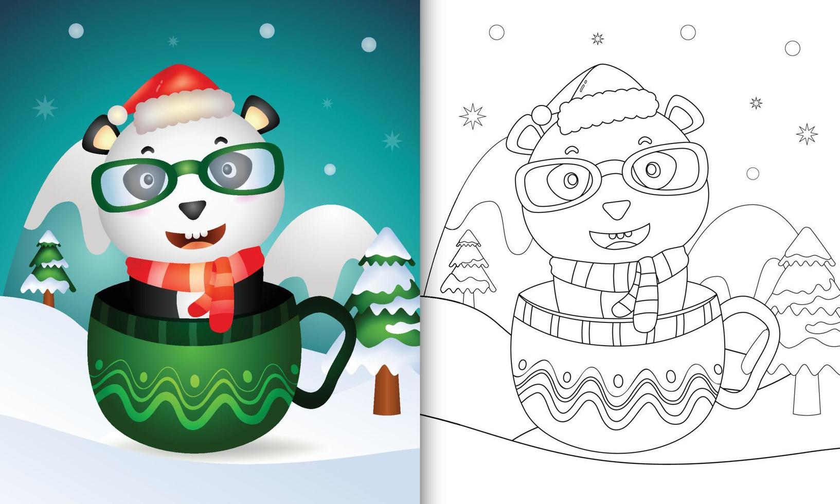 Malbuch mit niedlichen Panda-Weihnachtsfiguren mit Weihnachtsmütze und Schal in der Tasse vektor