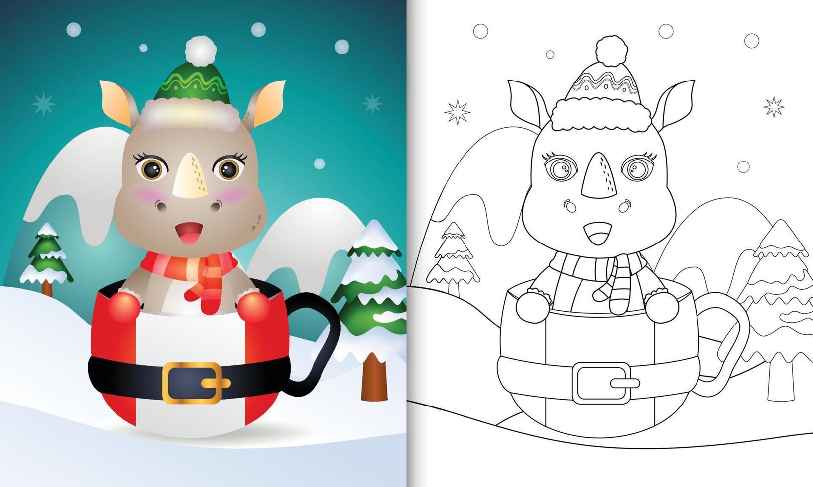 målarbok med en söt noshörning julkaraktärer med hatt och halsduk i tomtekoppen vektor